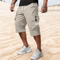 Men's Casual Cargo Shorts - 100% Polyester Mid-Rise Elastic Waist with Adjustable Drawstring, Multiple Pockets, Lightweight Brea