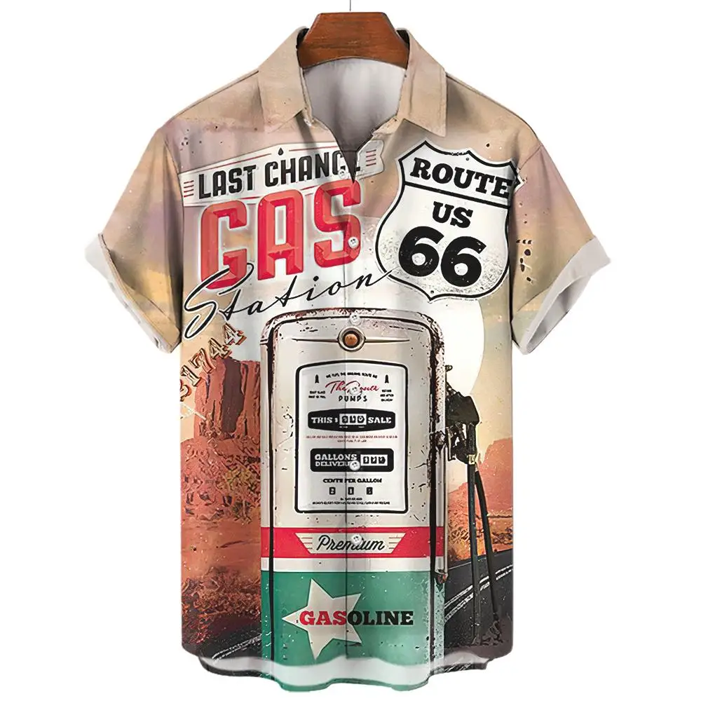 Vintage Men's Shirts Route 66 Classic Cars Tees 3d Print