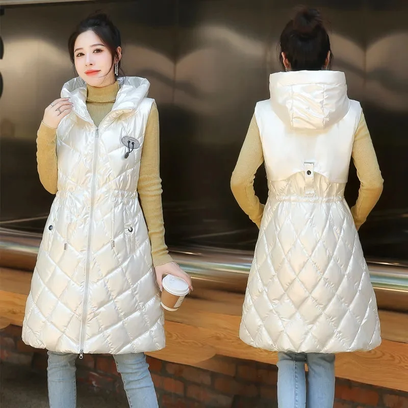 2023 New Women Winter Glossy Cotton Vest Jacket Hooded Warm Padded Long Coat Fashion Female Waistcoat Outerwear Loose Parka