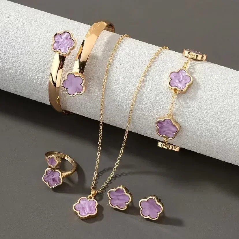 5pcs/set Luxury Quality Jewelry Sets Plum Blossom Plant Five Leaf Flower Women's Earrings Rings Bracelet Necklace Bangles Gift - Image 5