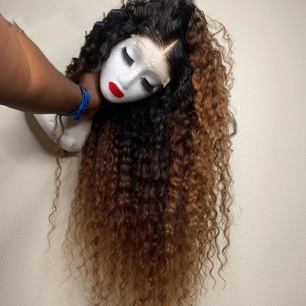 Lace Front Wig Synthetic Hair Wigs Long Soft Glueless 180Density 26&ldquo; Ombre Blond Kinky Curly Lace Front Wig For Women BabyHair Preplucked Heat Resistant Daily