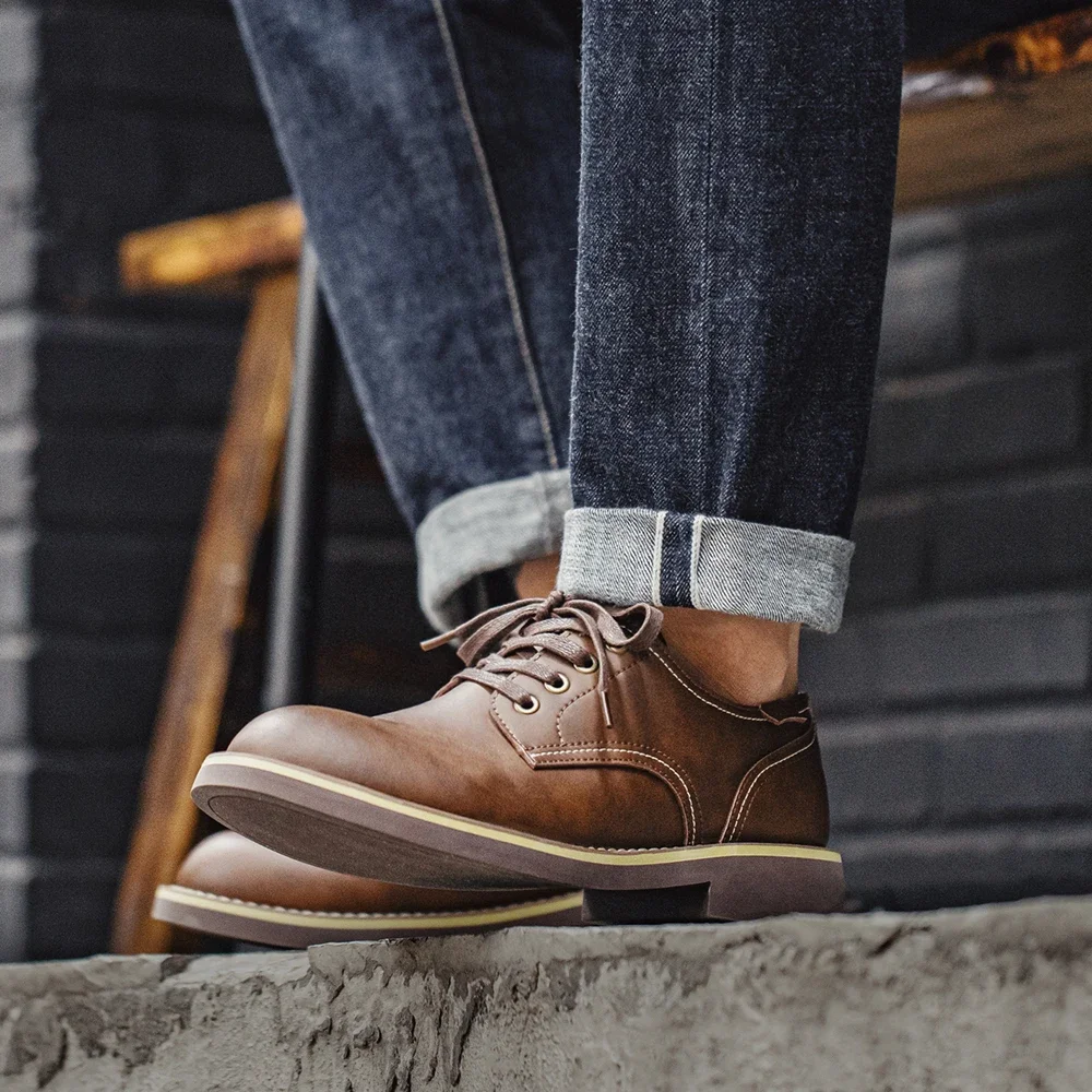 Men's Low-top Work Boots Round-toed Leather Shoes Autumn Casual Vintage Streetwear leather shoes men dress boots
