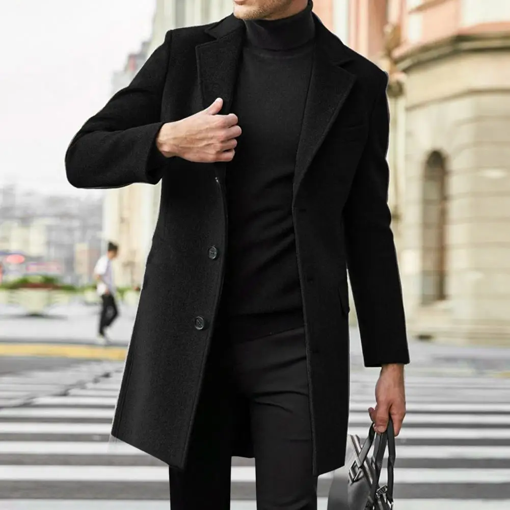 Men Slim Fit Overcoat Solid Color Single Breasted Lapel Long Coat Jacket Winter Men's Woolen Coats Casual Overcoat Male Outwear image