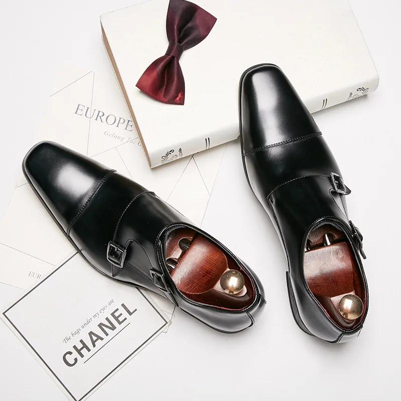 Luxury Men Loafers Shoes Double Monk Strap Slip on Pointed Toe For Men Office Wedding Dress Casual Shoes Leather casual shoes leather shoes