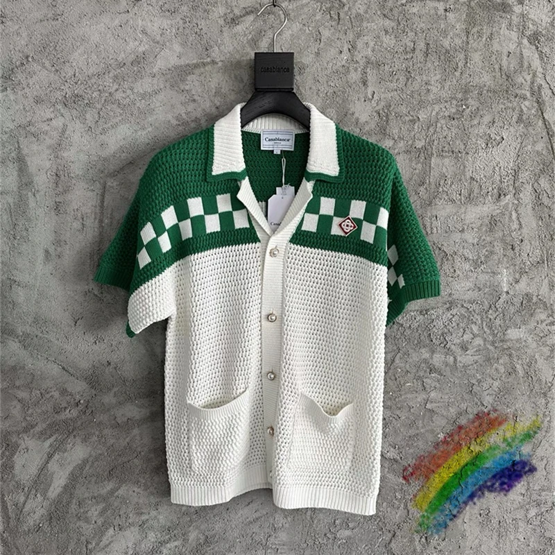 

Green Grid Cardigan Casablanca Jacquard Sweater Men Women 1:1 Top Quality Short Sleeve Cardigan Pearl Buttons Sweatshirts