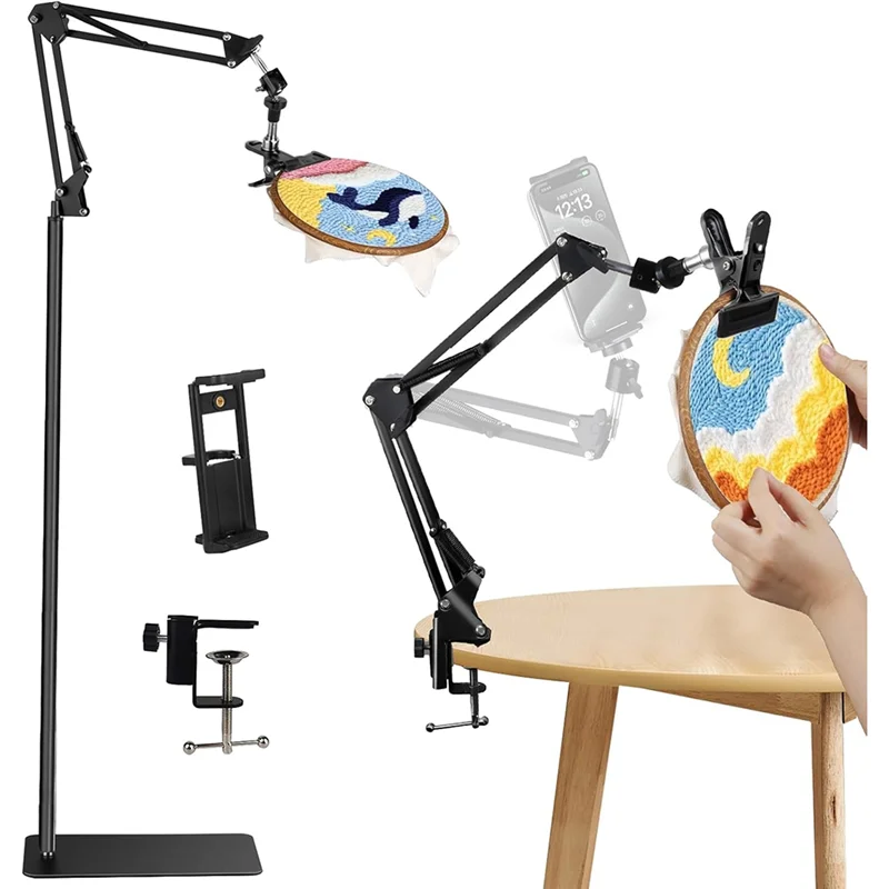 Black Adjustable Embroidery Hoop Stand, 3-In-1 Hoop/Tablet/Phone Holder Floor Stand, Embroidery 360&deg; Rotatable