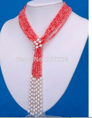3strand 6mm Pink Coral White Pearl Necklace 48