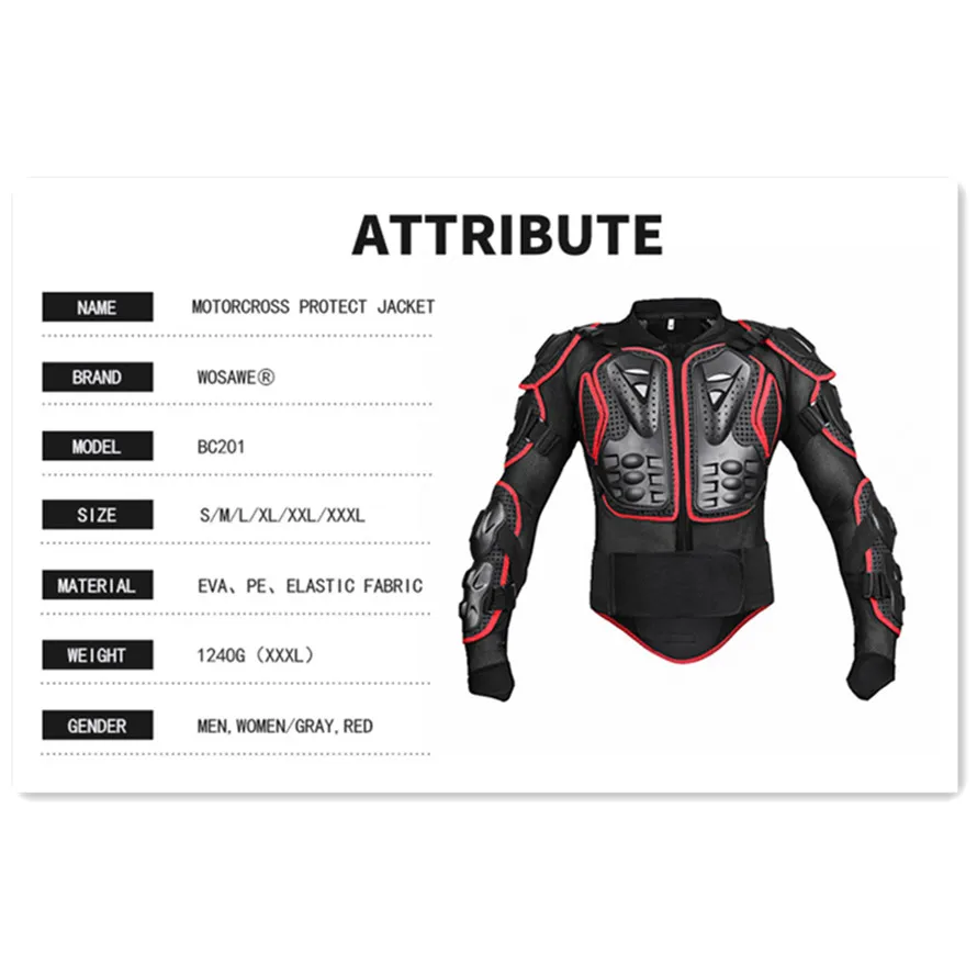 WOSAWE Sports Motorcycle Armor Protector Jacket Motocross Guard Sleeve Back Support Protective Gears Chest Body Protection
