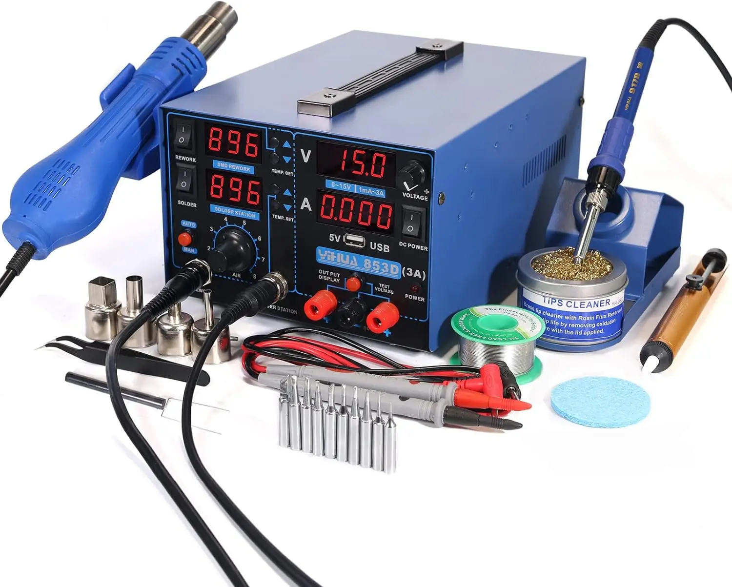 Three Tools- Soldering Station, Hot Air Rework Station and Power Supply 0~3A, 0-15V with output and test modes 6