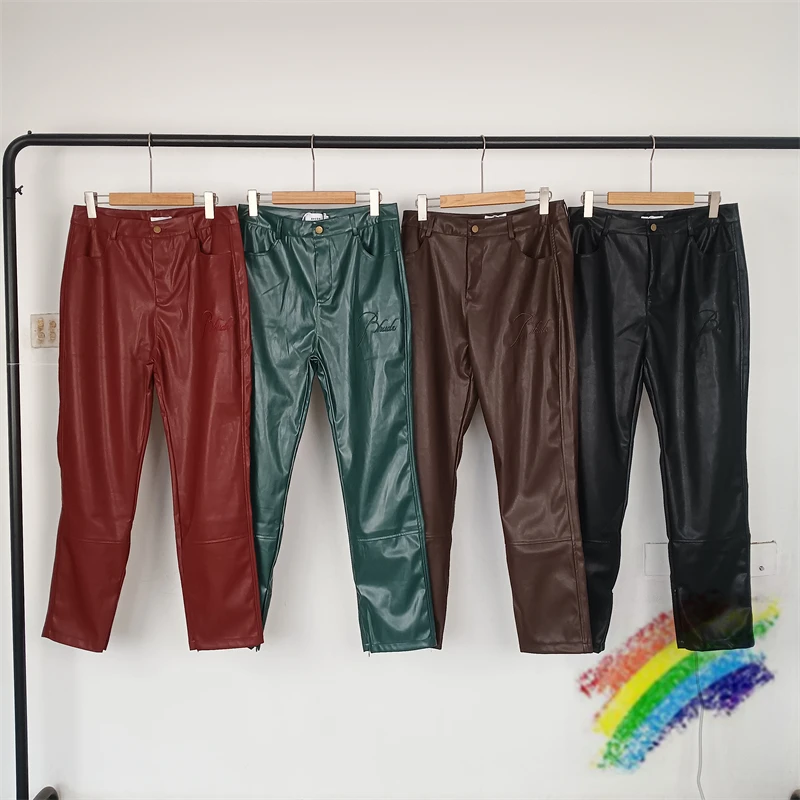 

Leather Rhude Sweatpants Men Women Best Quality Streetwear Jogger Zipper Pants