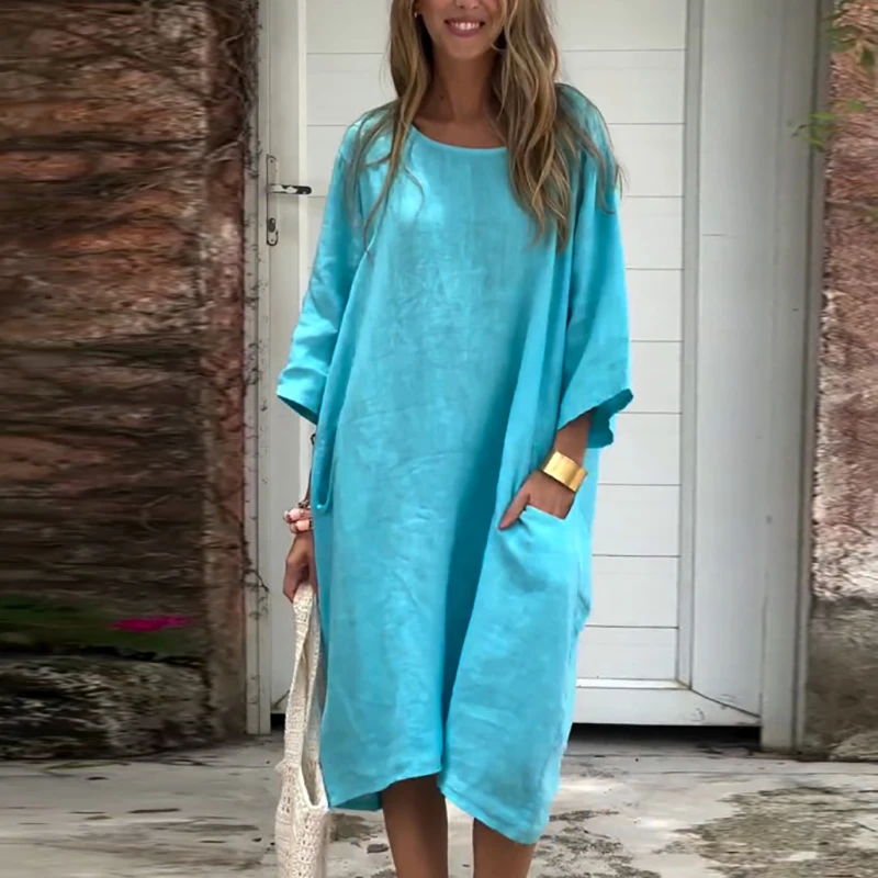 Simple Casual Solid Cotton Linen Dresses Woman 2025 Spring Loose Pocket  A-Line Midi Dress New Fashion Streetwear Pullover Dress - AliExpress