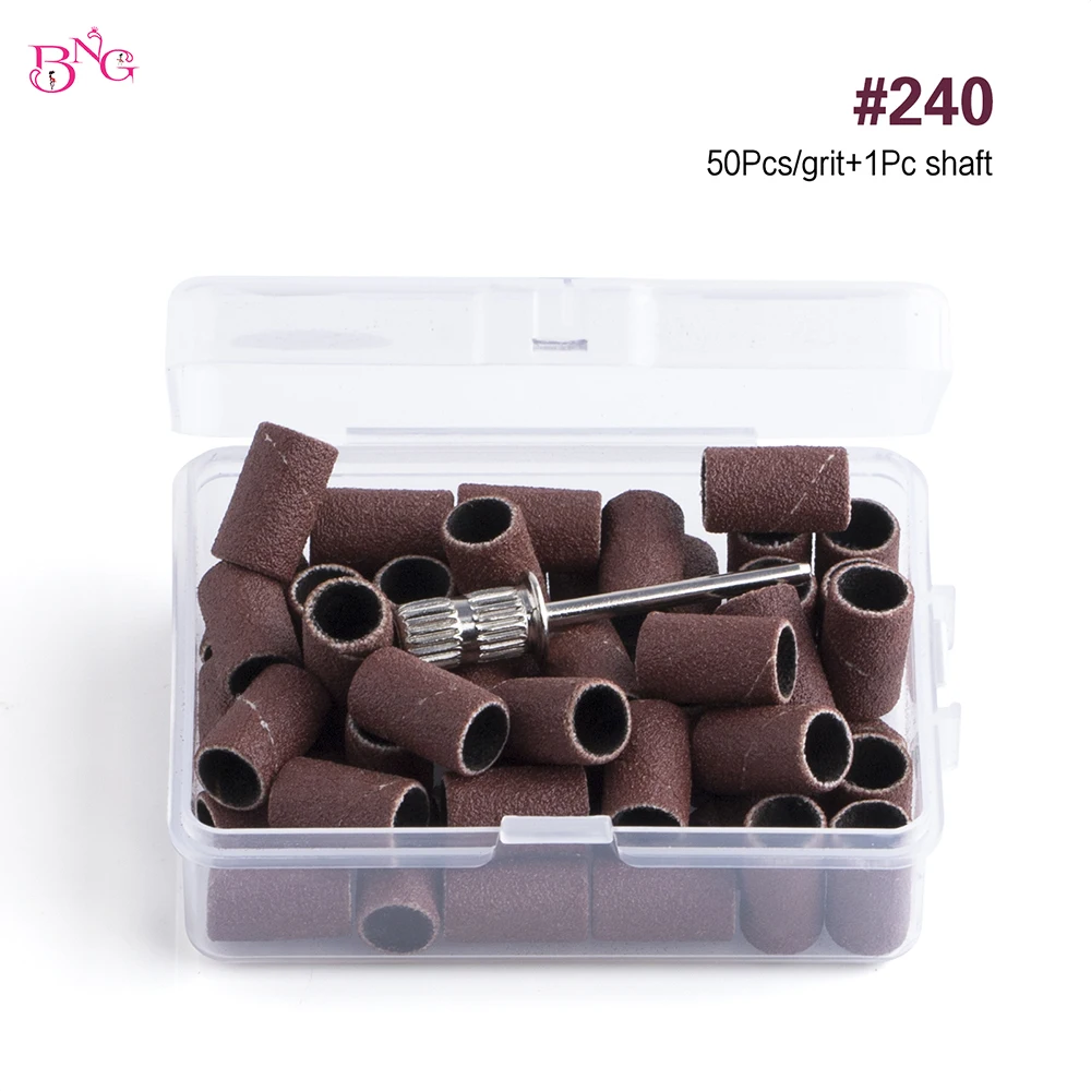 BNG 50Pcs Nail Sanding Bands with 1Pc Mandrel Bits 240/180 Grit Manicure Care Polishing Gel Burr Accessory Tools
