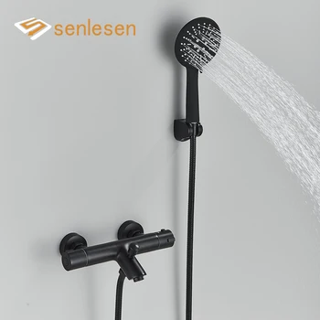 Senlesen Thermostatic ก๊อกน้ําอ่างอาบน้ํา Matte สีดําทองเหลืองติดผนัง Thermostatic ห้องน้ําก๊อกน้ําชุด Para ระบบ 1