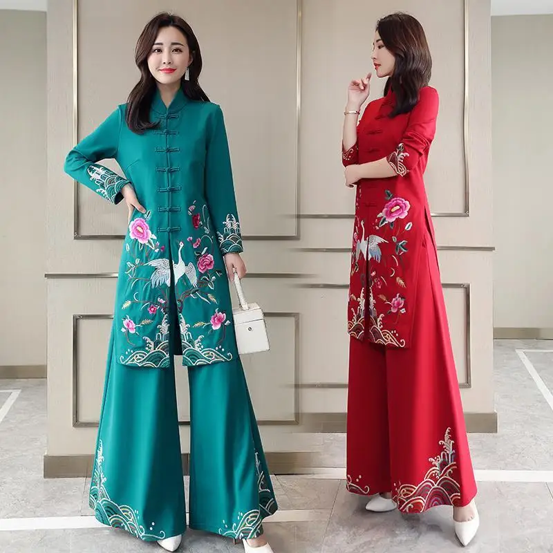 

China Traditional Clothing Midi Two Pieces Chinese Styles Vintage Women Qipao Tops Pants Set Embroidery Tang Suit