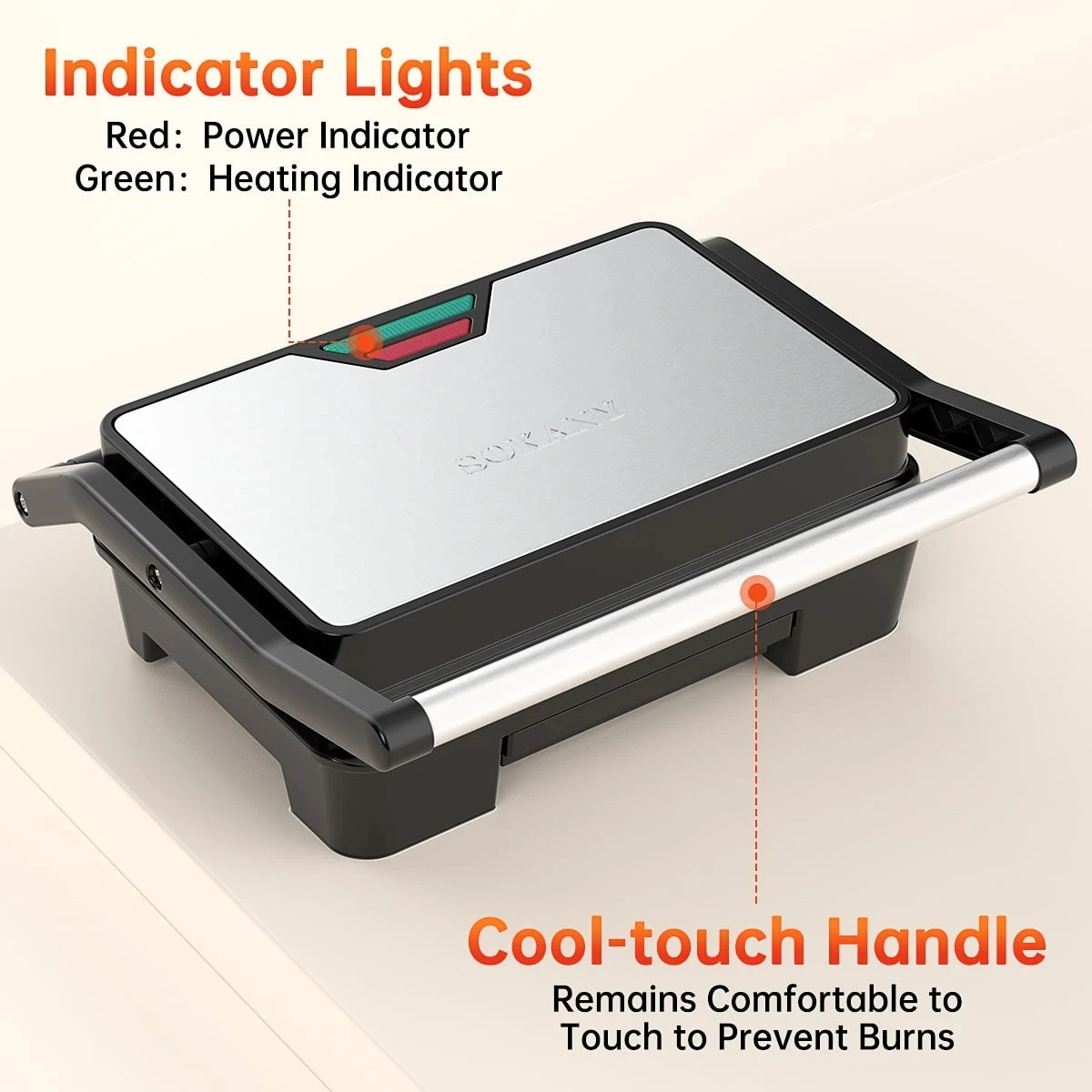 Press Sandwich Maker, 2 Slice Stainless Steel Panini Press Grill, Non-Stick Sandwich Maker with Removable Drip Tray