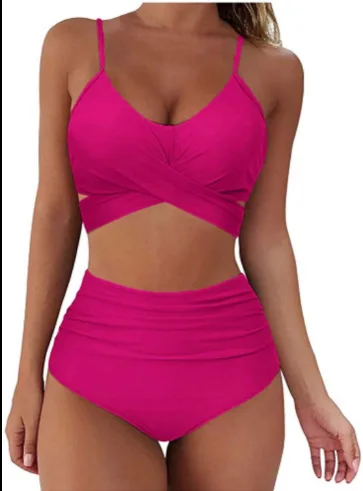 Cross-Border Sexy Pure Color Bikini Women's High Waist Leopard Print Strap Swimsuit Tied Waistband Separate Swimwear