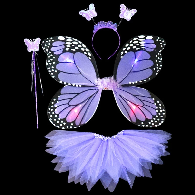 

4Pcs Girls for Butterfly Costume Set Princess Tutu Skirt LED Wing Headband Fairy Stick Wand for Halloween Cosplay Dress