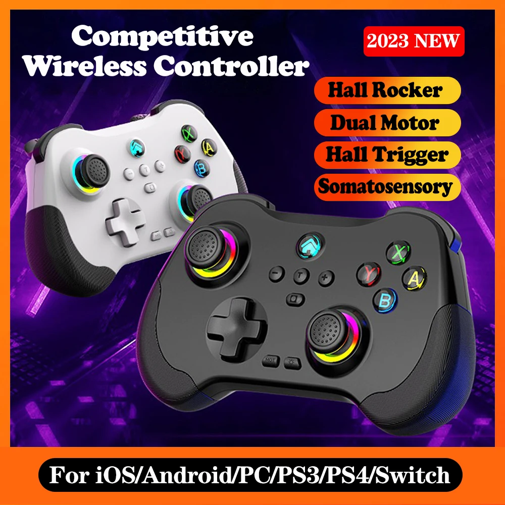 

Wireless Controller for Android/iOS/PS3/PS4/PC Gaming Joystick with Hall Trigger Six-axis Somatosensory Vibration Wake-up RGB