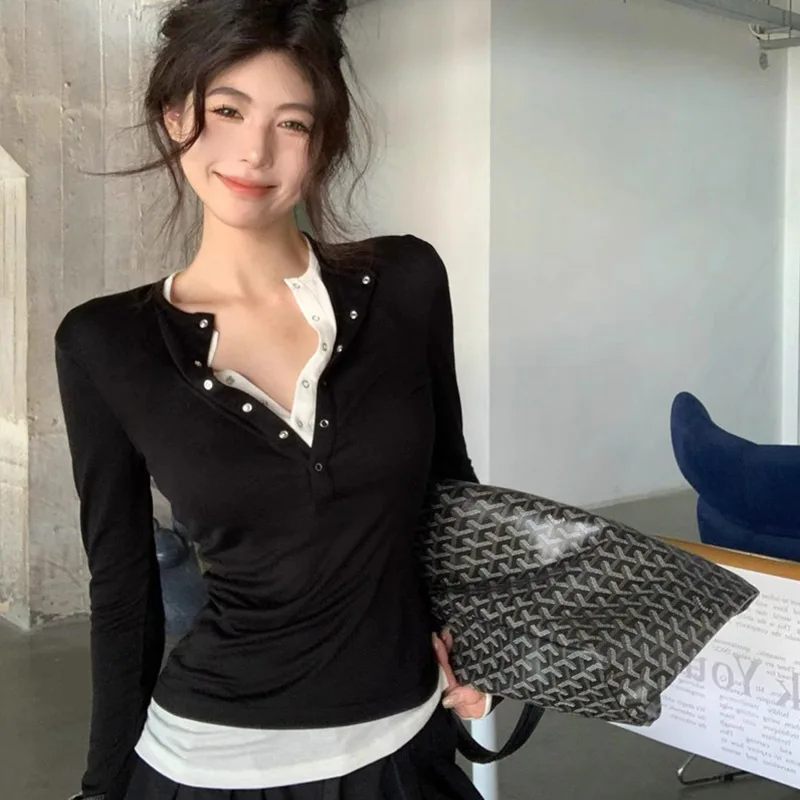 Women's Fake Two Pieces Base Layer T-Shirt Sexy V Neck Contrast Color Long Sleeve T-Shirt Autumn Casual Slim Fit Versatile Tops 2