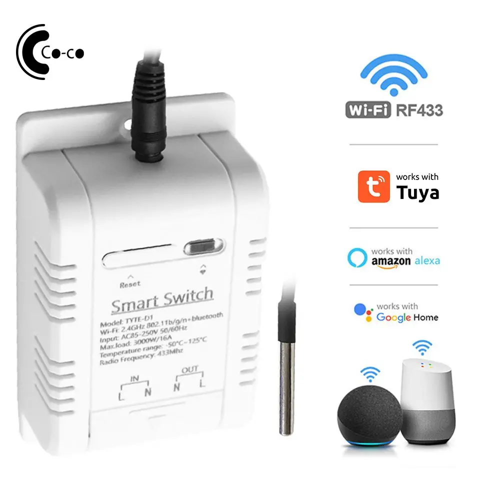 

Ds18b20 Temperature Sensor Voice Control Wifi Tuya Smart Temperature Switch Real-time Monitor Rf433 Intelligent Thermostat 16a