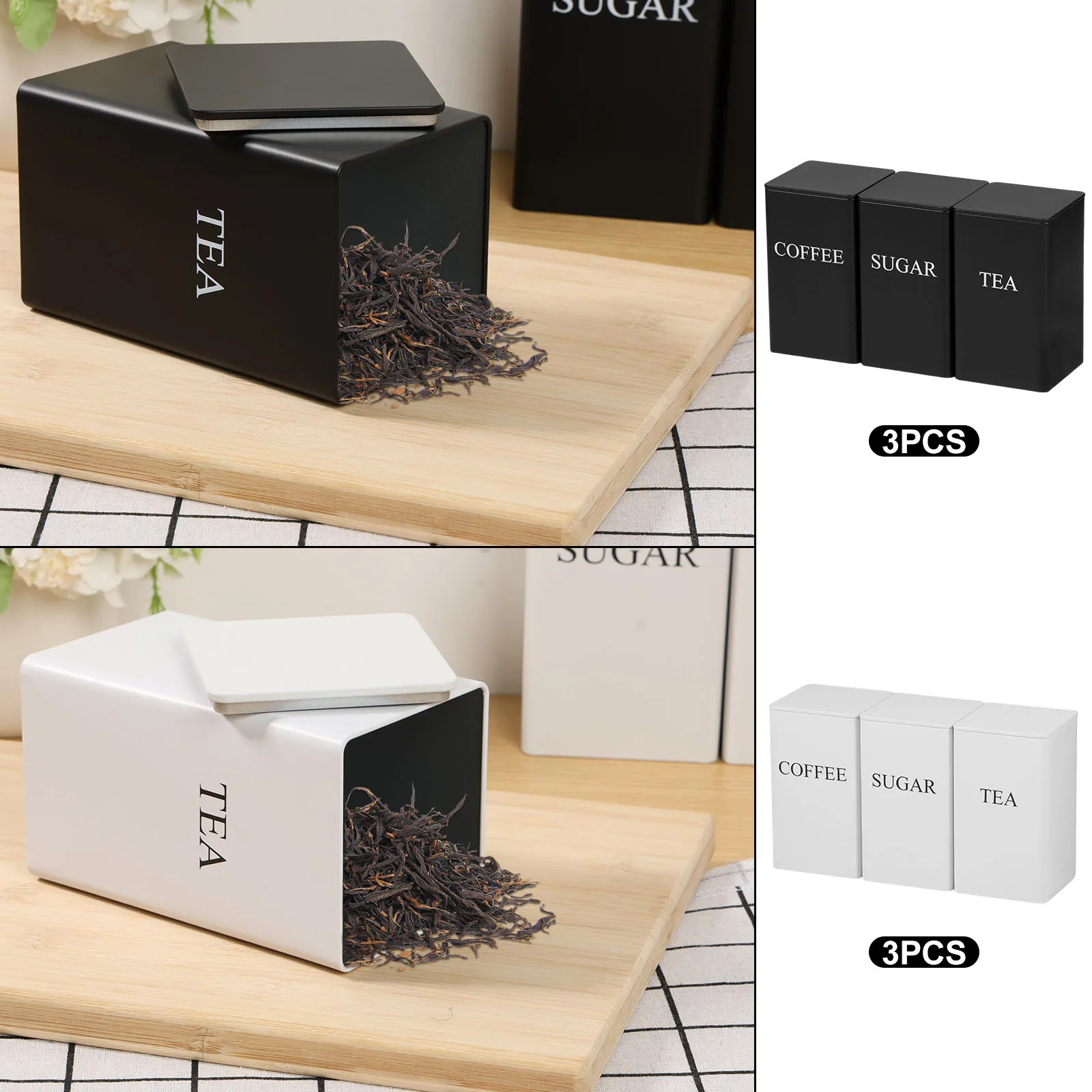 3Pcs Coffee Bean Storage Canisters Tea Sugar Vacuum Sealed Jars Iron Canisters Heat Kitchen Cream Can Airtight Lid 1L 3