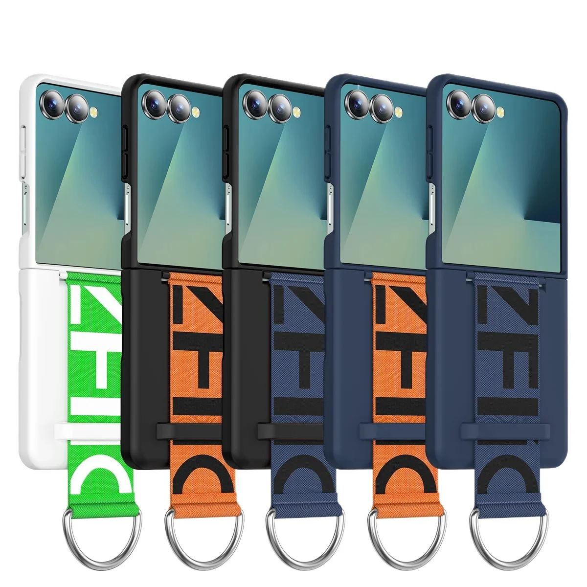 Flip8 Luxuriöse Matte PC-Handyhülle für Samsung Galaxy Z Flip 5 6 7 8 mit Handschlaufe, Ringhalter und Handkette