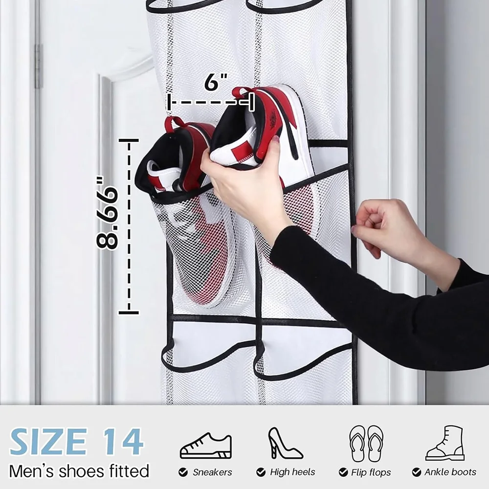 12 Pockets Over the Door Shoe Organizer Large Mesh Pockets With 2 Hooks Transparent Fabric Shoe Rack Storage Bag For Bedroom 3