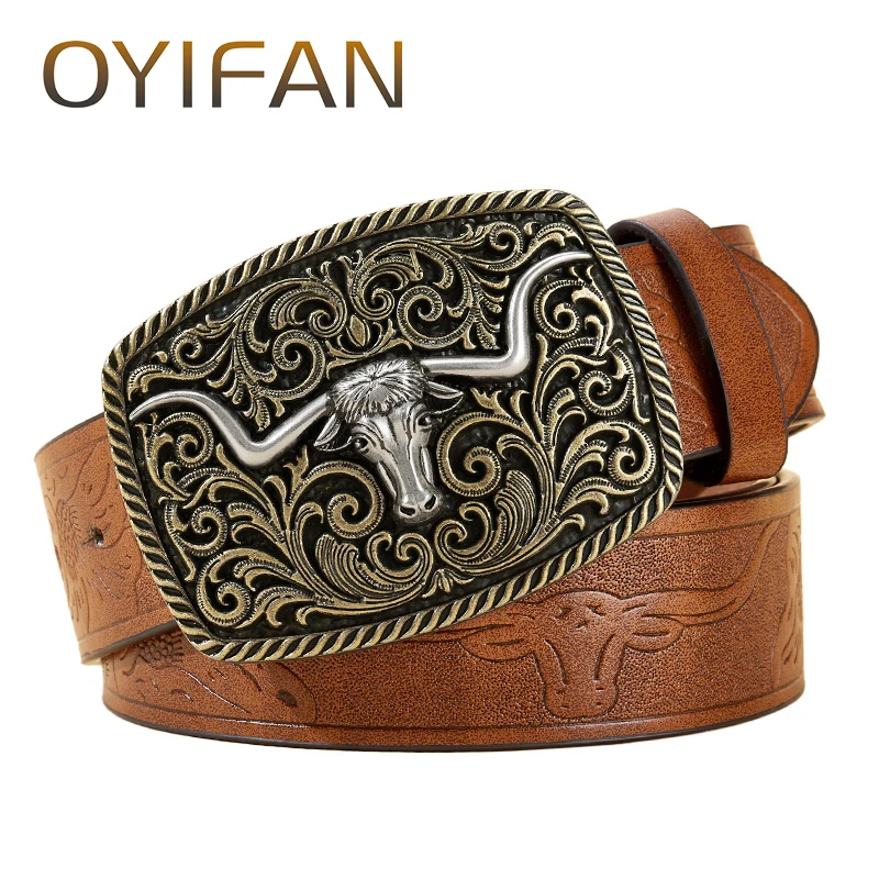 Damen-Cowboy-Gürtel, Western-Leder-Schnallengürtel, Cowboy-Longhorn-Bullenmuster-Schnallengürtel, floral gravierter Schnallengürtel für Herren – Detail 17
