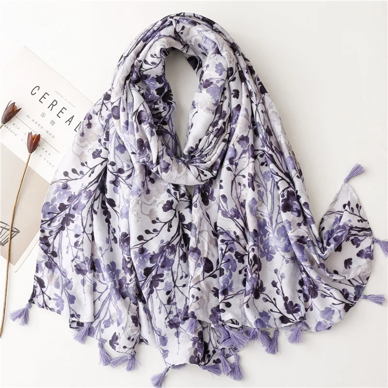 Spain Luxury Brand Purple Branch Floral Tassel Viscose Shawl Scarf Bandanas Women Foulard Pashmina Muslim Hijab Snood 180*90Cm