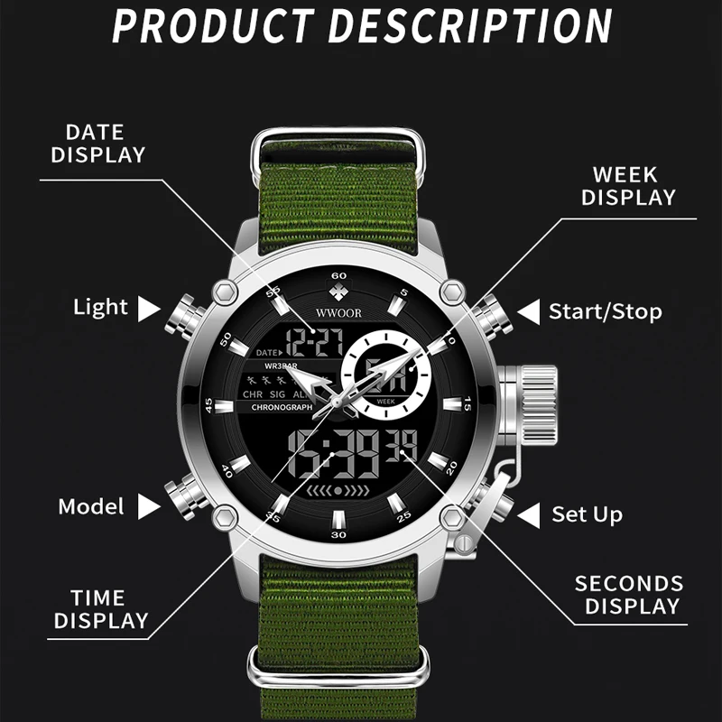 WWOOR 2023 Men Sport Watches Luxury Gold Quartz Waterproof Military LED Digital Wrist Watch For Men Clock Male Relogio Masculino