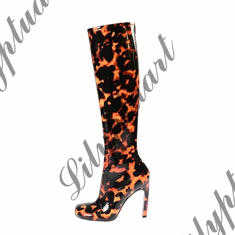 PU Leather Leopard Print Knee Boots for Women, Lace Up High Heels, Square Toe, Large Size 43, Autumn Fashion