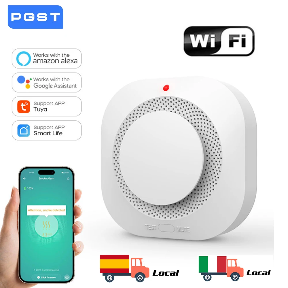 PGST WIFI Tuya เครื่องตรวจจับควันอัจฉริยะ Home Security - เซ็นเซอร์ควันขั้นสูงและสัญญาณเตือนไฟไหม้พร้อมความเข้ากันได้ SmartLife 1