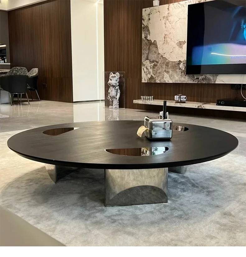 Minimalist Solid Wood Round Coffee Table Modern Simple Living Room Home Design Suspended Stainless Steel Small Apartment