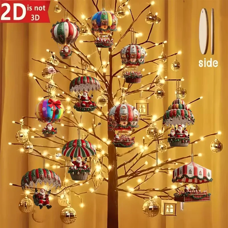 10/20Pcs Christmas Wooden Hot Air Balloon Santa Claus 2D Flat Wooden Pendant Christmas Tree Decoration Holiday Gift Decor