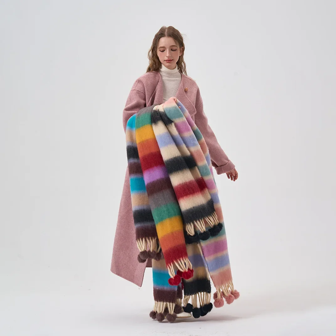 Cute Colorful Striped Scarf Lovers Neckband Rainbow Kawaii Mohair Cashmere Scarf with Hairball Winter Warm Thickened Accessories
