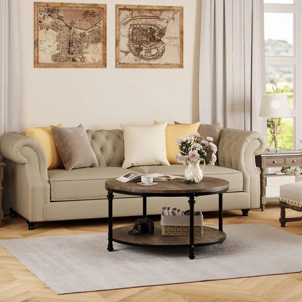 Round Coffee Table for Living Room Rustic Center Table with Storage Shelf Wood Circle Coffee Table , Easy Assembly 4