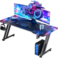 63 Inch Gaming Desk with LED Lights Carbon Fibre Surface Gaming Table Large Computer Desk Ergonomic Home Office Desks Z Shaped 1