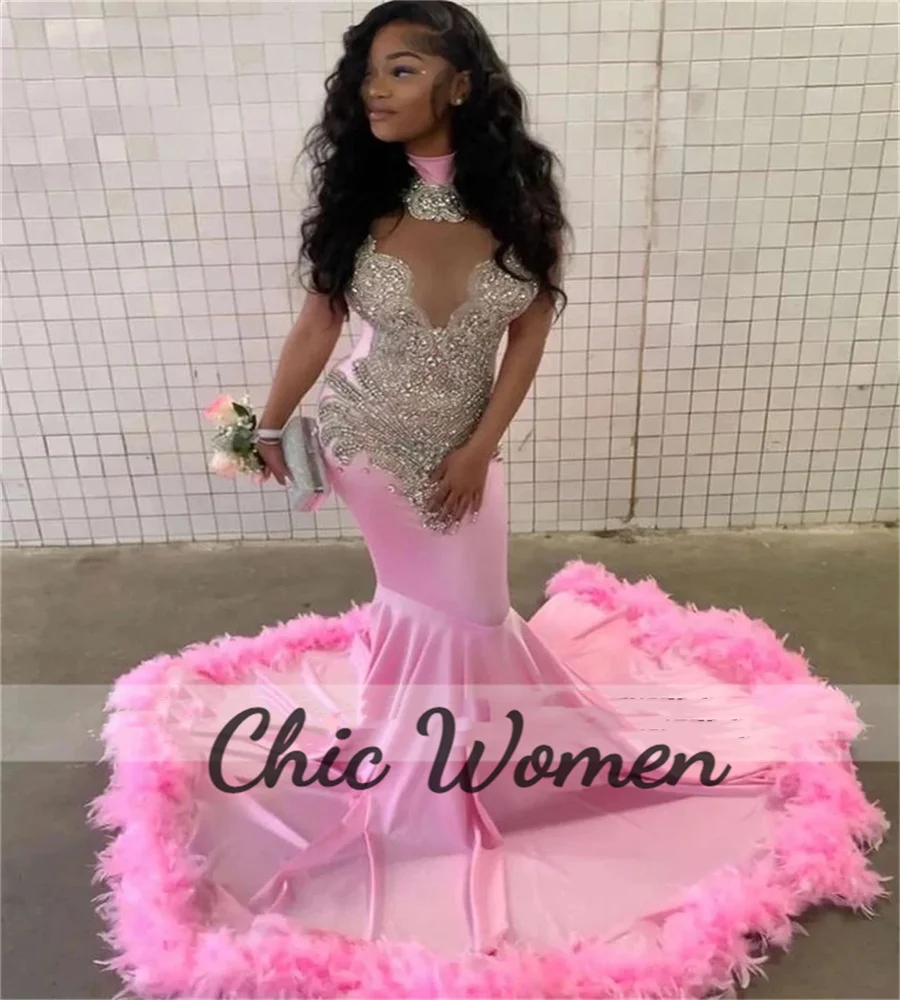 

Luxury Pink Prom Dress With Feather For Black Girls 2023 High Neck Mermaid Party Gowns Beaded Crystal Fishtail Formal Evening
