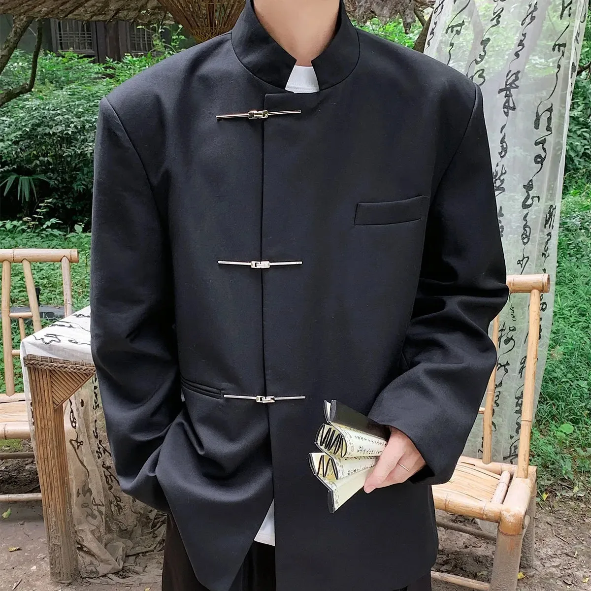 New Chinese Style High-End Feel Men's Suit Black Stand Collar Button-Up Western-Style Casual Clothes For Wedding Groomsmen