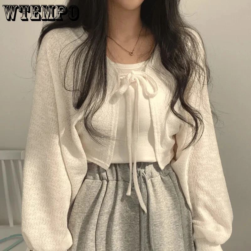 

WTEMPO Thin Solid Cardigans Women Summer Sunscreen Lace-up Knitwear Ladies Korean Fashion New Casual Lantern Sleeve Short Tops