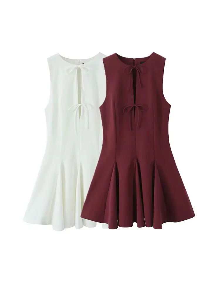 Women's Sleeveless O-Neck Mini Dress with Bow Details