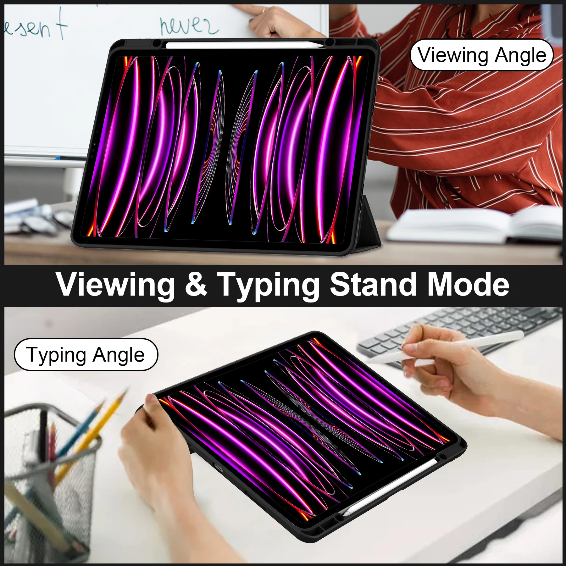 Premium Trifold Stand Back Shell Case with Pencil Holder
