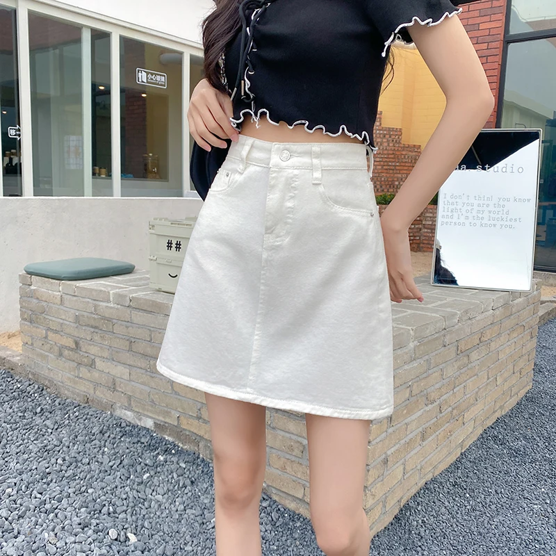 denim skirts for women Ailegogo New Summer Women Solid Color Classic Denim Skirt Casual Female High Waist A-line Black White Ladies Jeans Skirts skorts for women