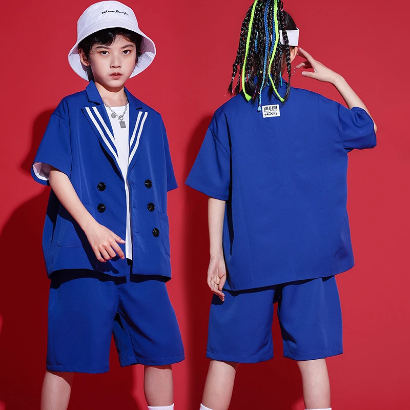 

Kids Streetwear Fashion Hip Hop Jazz Dance Clothing Blue Short Sleeved Shorts Kpop Outfits Children Hiphop Tracksuits DQS9871