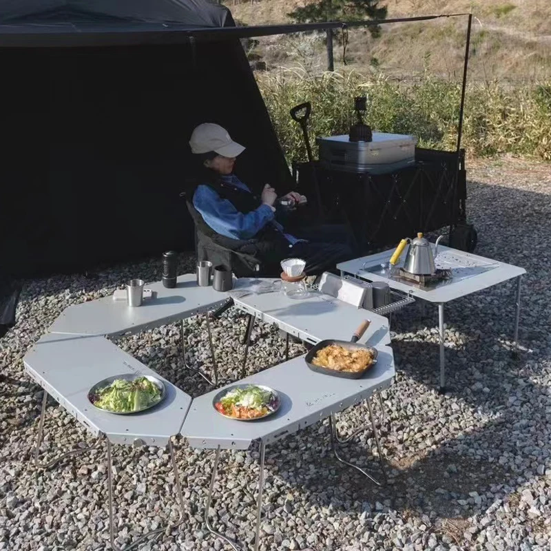 Outdoor Stainless Steel Foldable Camping Table for Barbecue Campfire multifunctional portable splicing combination round camping table