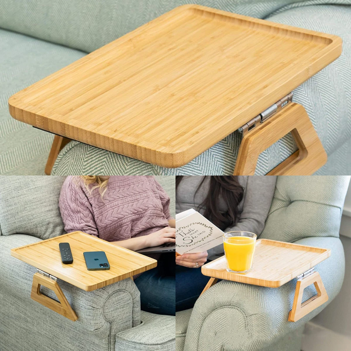 Foldable Bamboo Sofa Caddy Table-Space Saving 33x23cm（Natural/Brown）Multipurpose Snack Holder side table c shaped end table for couch bed tv tray for eating on couch small end tables small spaces easy assembly