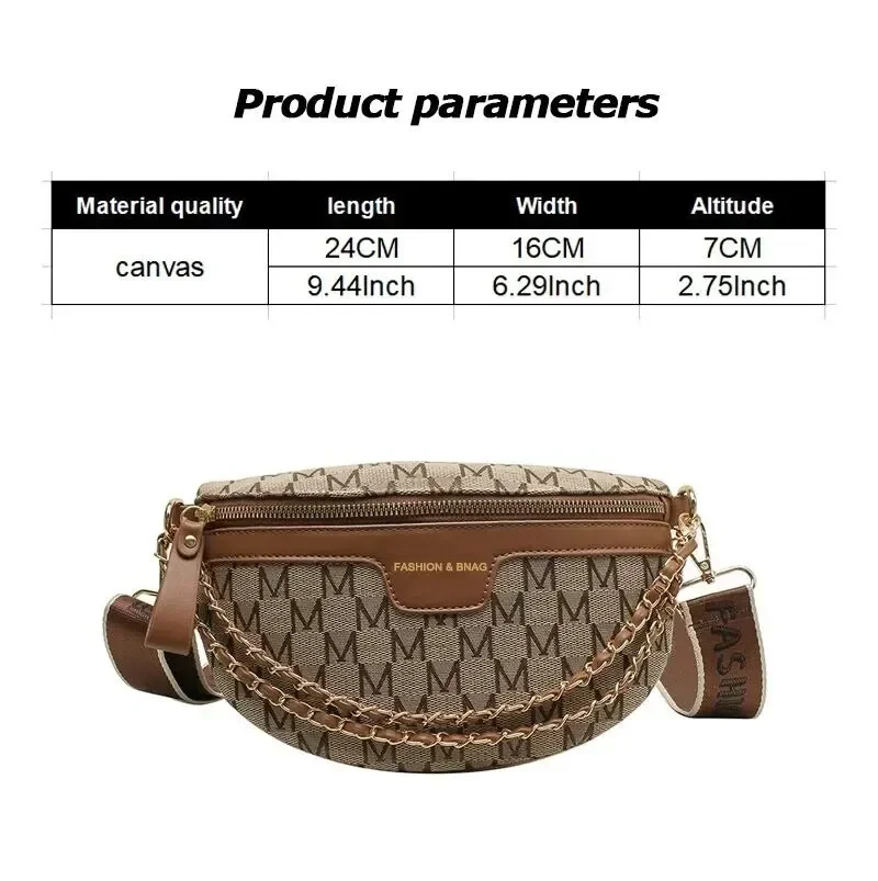 Fashion Pattern Fanny Packs for Women Stylish Letter Printed Chain Waist Bag Female Waist Pack Wide Strap Crossbody Bag
