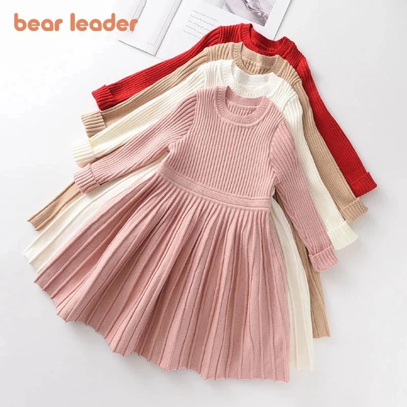 Bear Leader/платье-свитер с длинными рукавами Одежда принцессы для маленьких девочек