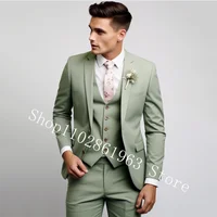 3 Pieces Male Suits Green Elegant Wedding Suits For Men Formal Best Men Blazer Slim Fit Groom Tuxedos Jacket Costume Homme 1