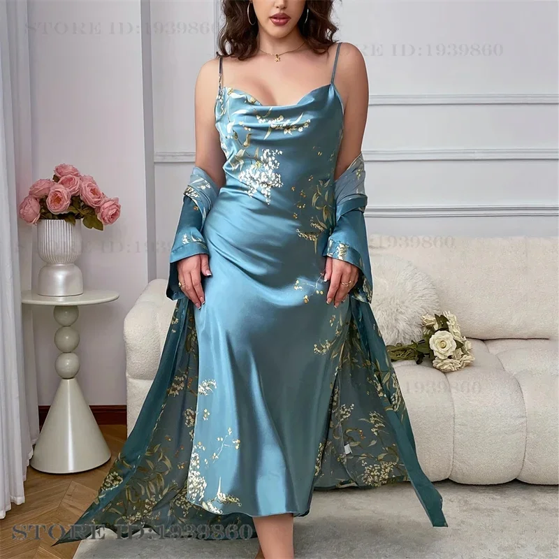 Female Robe Set Nightgown Print Cherry Long Kimono Bathrobe Gown Sleepwear 2Pcs 3XL 4XL 5XL women dress,women sleepwear,bride robes,silk robe,sleepwear pajamas